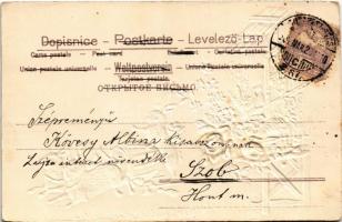 1901 Boldog húsvéti ünnepeket / Easter greeting art postcard with rabbits, eggs and silk flowers. Ar...