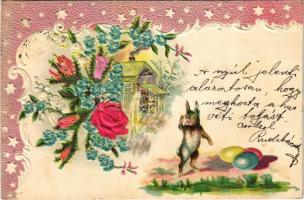 1901 Boldog húsvéti ünnepeket / Easter greeting art postcard with rabbit, eggs, watermill and silk flowers. Art Nouveau, floral, Emb. litho (EK)