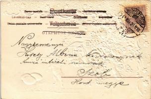 1901 Boldog húsvéti ünnepeket / Easter greeting art postcard with rabbit, eggs, watermill and silk f...