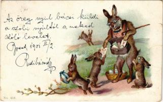 1900 Easter greeting art postcard with rabbit postman. litho (kis szakadás / small tear)