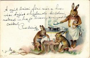 1901 Easter greeting art postcard with rabbit family cooking eggs. litho (EK)