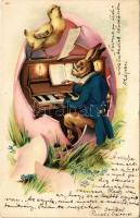 1901 Easter greeting art postcard with rabbit pianist. litho (kis szakadás / small tear)