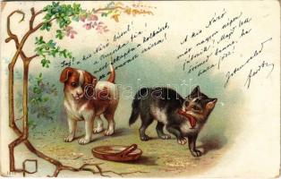 1900 Cat and dog with sausage. Floral, litho (EK)