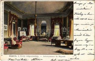 1901 Gödöllő, A Király dolgozószobája, Királyi kastély, belső. W. Haertel No. 506. Erdélyi cs. és kir. udvari fényképész felvétele után + BÉCS - BUDAPEST 2. SZ. B vasúti mozgóposta bélyegző (EK)