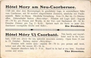 Tátra, Magas-Tátra, Vysoké Tatry; Móry szálló Újcsorbán reklám / Nové Strbské Pleso / hotel advertis...