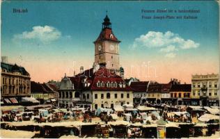 Brassó, Kronstadt, Brasov; Ferenc József tér, tanácsház, piac. Vasúti levelezőlapárusítás 16. 1915. / town hall, market square + K.u.k. Mil. Briefzensur Brassó