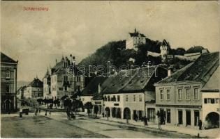 1908 Segesvár, Schässburg, Sighisoara; utca, Josef B. Zimmermann és Richter üzlete. Fritz Teutsch kiadása / street, shops