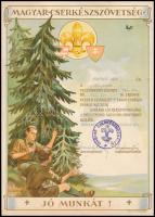 1943 Dekoratív cserkésztiszti emléklap, pecsételve, aláírva, Márton L grafikája, Klösz nyomás, szép állapotban, 29×20 cm