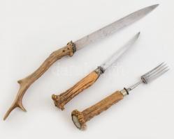 Agancs nyelű kés 2db, villa, 1db, kopott, h: 21-41cm