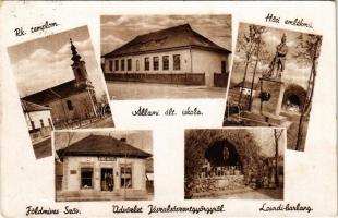 1949 Jászalsószentgyörgy, Római katolikus templom, állami ált. iskola, hősi emlékmű, Földmíves szövetkezet üzlete és saját kiadása, Lourdi barlang (EK)