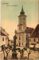 1913 Szentendre, Fő tér, Szerb templom, Schwarcz Vilmos üzlete, Kereskedők keresztje szobor (EK)