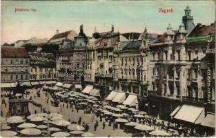 1913 Zagreb, Zágráb; Jelacicev trg, Dr. Milivoj Jambrisak / piac, fogász, Berger reklám a tetőn / market, shops, dentist