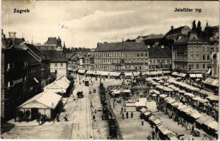 1915 Zagreb, Zágráb; Jelacicev trg, Becki Modni Salon / piac, villamos, üzletek / market, shops, trams