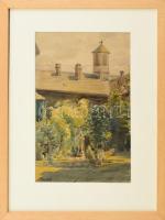 Obendorf Gusztáv Adolf (1865-?): Kecskemét, Ferencesek kertje. Akvarell, ceruza, papír, jelzett, üvegezett fakeretben, 26,5×16,5 cm