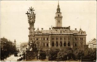 1932 Újvidék, Novi Sad; Városház, Szentháromság szobor, villamos, Ford Lincoln Fordson reklám / town hall, Trinity statue, tram. photo