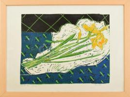 Dávid Kiss Mária (1930-2002): Nárcisz (Osterglocke). Fametszet, papír, jelzett, számozott (2/5). üvegezett fakeretben, 31,5×36,5 cm