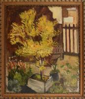 Incze István (1905-1978): Marosvásárhelyi kert. Olaj, rétegelt falemez, jelzés nélkül, hátoldalán feliratozott. Dekoratív fakeretben, 45,5×39 cm