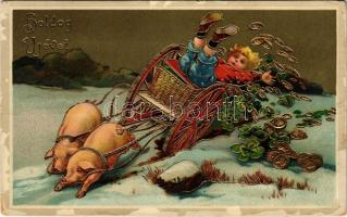 1910 Boldog Újévet! / New Year greeting art postcard with pigs, clover. SB 2255. (kopott sarkak / wo...