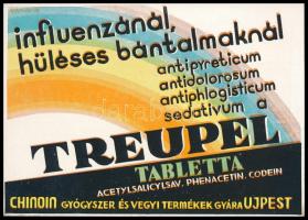 1933 A Chinoin gyógyszergyár által gyártott Treupel tabletta különleges nyomású reklámlapja képeslapként elküldve, jó állapotban, Gönczi-Gebhardt Tibor (1902-1994) grafikája
