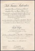 1917 Ferenc Salvator Főherceg Úr a Monarchia Vörös-kereszt Egyletei Védnökhelyettese Irodájának Diszérem-osztályának hadiékitményes vöröskereszt bronz díszérem adományozó okirata aláírásával