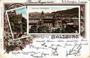 1897 (Vorläufer!) Salzburg, Festungsbahn, Salzburg v. Festungswege / funicular railway, castle. Carl Otto Hayd Kunstverlag No. 145. Art Nouveau, floral, litho (EK)