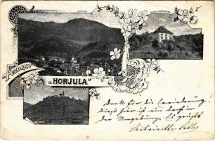 1900 Horjul, Grad Lesnobrod, Zaklanec / general view, castle, village. Art Nouveau, floral (EB)