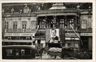 1940 Kolozsvár, Cluj; bevonulás, Horthy Miklós arcképe a Bánffy palotán, Bunea Virgil cukrászda, autók / entry of the Hungarian troops, portrait of Horthy, confectionery shop, perfumery. photo