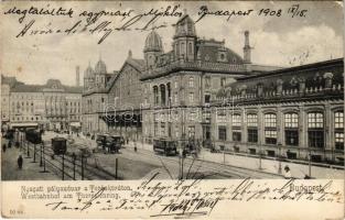 1908 Budapest VI. Nyugati pályaudvar a Teréz körúton, villamosok. Tóth Károly és Schwartz Antal kiadása (fl)