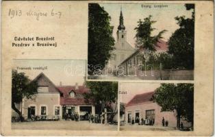 1913 Berezó, Brezó, Brezówej, Brezová pod Bradlom; Evangélikus templom, Tvarozek vendéglő, étterem, üzlet / Lutheran church, restaurant, inn, shop (r)