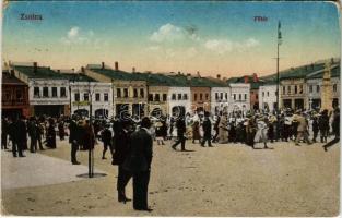 Zsolna, Zilina; Fő tér, Tatár József, Neumann Lipót üzlete, piac. Vasúti levelezőlapárusítás / main square, shops, market (fa)