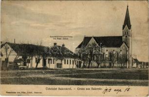 1913 Bakóvár, Bachóvár, Bacova; templom, Nász Jakab üzlete és saját kiadása / church, publishers shop (EK)