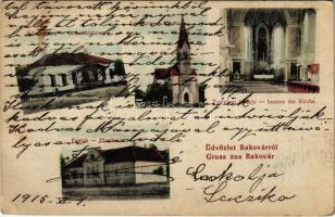 1915 Bakóvár, Bachóvár, Bacova; Községháza, Templom, belső, Paplak. Nász Jakab kiadása / town hall, church, interior, rectory (EK)