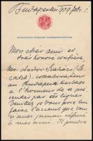 1909 Rákosi Jenő (1842-1929) író, újságíró, színházigazgató, főrendiházi tag francia nyelvű, kézzel írt, saját kézzel aláírt levele a Budapesti Hírlap főszerkesztőjeként, melyben segítséget kér Szakács Andor újságíró párizsi munkájához, eredeti borítékjában