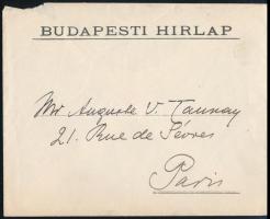 1909 Rákosi Jenő (1842-1929) író, újságíró, színházigazgató, főrendiházi tag francia nyelvű, kézzel ...