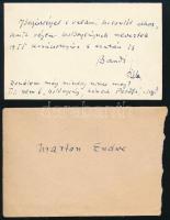 1955 Gellért Endre (1914-1960) színész, rendező, főiskolai tanár névjegye, borítékban, hátoldalán saját kézzel írt és aláírt jókívánságai Marton Endre rendezőnek, szép állapotban