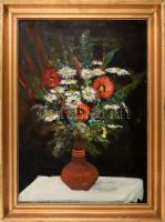 Somogyi János (1928-2010): Ballagási virágok. Olaj, farost. Jelzett. 70x50 cm. Dekoratív, sérült fakeretben.