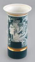 Hollóházi Szász Endre által tervezett mintával díszített porcelán váza, zöld mázzal. matricás, jelzett,  hibátlan, m: 30 cm