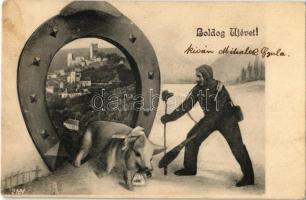 1904 Boldog újévet! Kéményseprő malaccal és patkóval / New Year greeting, pig and horseshoe with chimney sweeper