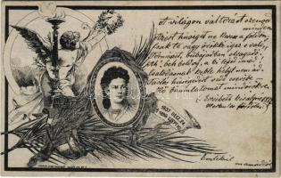 1898 (Vorläufer) Erzsébet királyné (Sissi) szecessziós gyászlapja 1837-1898. Lengyel Lipót / Art Nouveau obituary card of Empress Elisabeth of Austria (Sisi) (ragasztónyom / glue marks)