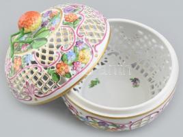 Herendi szamócás áttört nagy bonbonier, kézzel festett, jelzett, hibátlan, d: 14 cm, m: 15 cm