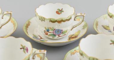 Herendi Viktória mintás 6db mokkás csésze aljjal, kézzel festett porcelán, jelzett, hibátlan
