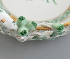 Herendi Apponyi mintás áttört porcelán kosár, kézzel festett, jelzett, hibátlan, d: 21 cm
