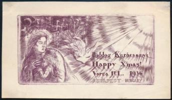 1936 Varga Nándor Lajos(1895-1978): Boldog Karácsonyt! Rézkarc, papír, 6×11,5 cm