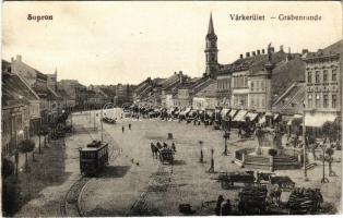 1918 Sopron, Várkerület, villamos, piac, Lang Frigyes üzlete. Piri Dániel kiadása (EK)