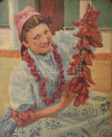 Egyed Antal (?-?): Paprikás hölgy, 1945. Olaj, vászon, jelzett. Vakráma nélkül. Kissé sérült. Feltekerve. 70x57,5 cm