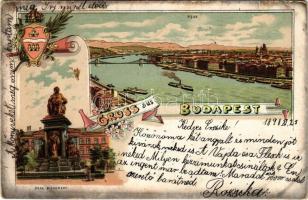 1898 (Vorläufer) Budapest, Deák Ferenc szobor, látkép, címer. Schneider & Lux Art Nouveau, floral, litho (kis szakadás / small tear)