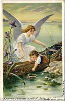 1900 "Halt!" Serie 31. Kunstverlag Rafael Neuber / Children art postcard, angel s: R. Kratki (EK)