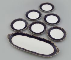 Zsolnay Pompadour mintás porcelán süteményes készlet. Kézzel festett, jelzett, hibátlan. Tál mérete 44x16,5 cm