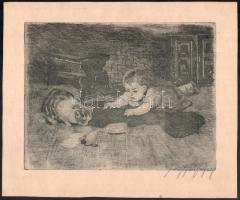 Olvashatatlan jelzéssel: Kisbaba cicával. Rézkarc, papír. 18x23 cm