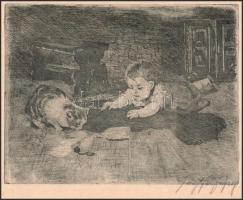 Olvashatatlan jelzéssel: Kisbaba cicával. Rézkarc, papír. 18x23 cm